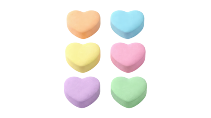 Six pastel colored candy hearts arranged in a grid pattern with visible text on each heart shape pure white background cutout