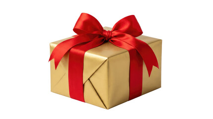 Fototapeta premium Gift box wrapped in gold paper with a red ribbon tied in a bow, isolated on a white surface, seen in full view alpha channel with white background