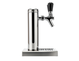 Chrome beer tap on base, black handle, minimalist design