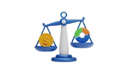 3D Balance scales with dollar coin and pie chart on transparent background