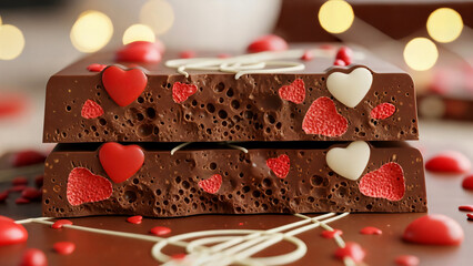 Close-up side view of stacked chocolate bars containing bubbly aerated texture and small red and white heart-shaped candy inclusions