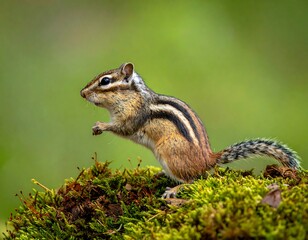 Striped chipmunk poised on verdant moss, facing left, with blurred green background in nature