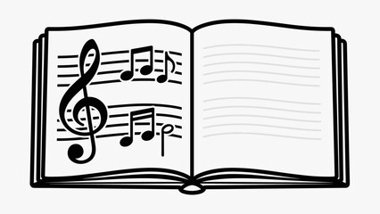 Open book with musical notes illustration.