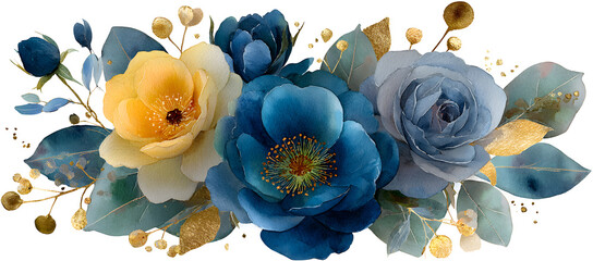 Set watercolor design elements of roses collection garden navy blue flowers, leaves, gold branches, Botanic illustration isolated on white background.