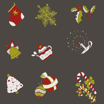 koibeni seamless pattern :　灰色背景の赤金白のクリスマスオーナメントイラスト