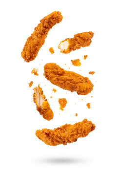 Fried chicken breast strips on white background. Isolated chicken crisps	