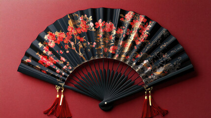 Elegant hand fan with a beautiful design, blending art and culture. The fan is adorned with intricate floral patterns, showcasing a touch of sophistication AI Generative
