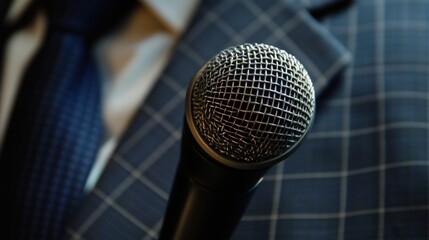 Microphone Held by Man in Suit Closeup.