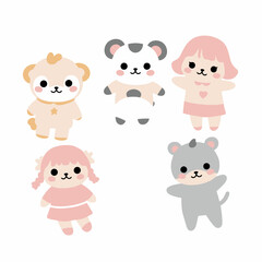 Fototapeta premium Five adorable cartoon characters including a monkey, panda, two girls, and a mouse in a cute, minimalist style.