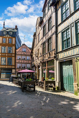 Half-timbered buildings in the historic center of Rouen, France. Rouen is the capital of Normandy. Half-timbered houses are a hallmark of the city.