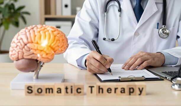 A doctor sits at a desk, examining a model brain and taking notes for somatic therapy. 4K, HD.