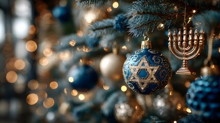 Close-up of interfaith holiday tree with evergreen branches decorated with blue stars of David and golden menorah ornaments in bokeh background.