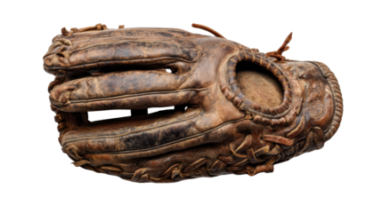 Vintage baseball glove in aged brown leather, showing classic sport equipment and retro recreation