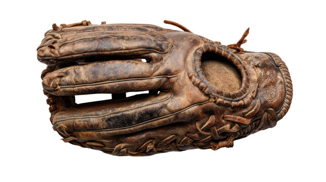 Vintage baseball glove in aged brown leather, showing classic sport equipment and retro recreation