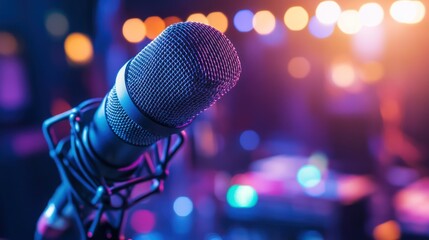 Microphone in Spotlight on Stage Background.