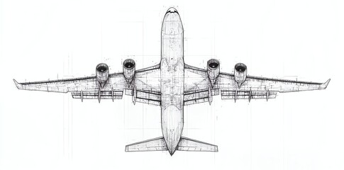 Airplane Top View Illustration in Technical Style with Blueprint Aesthetic