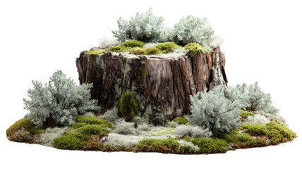 A mossy tree stump isolated on white sits before a vast nature landscape of green summer trees, rocky mountain cliffs, and a snowy winter forest under a cloudy sky
