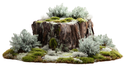 A mossy tree stump isolated on white sits before a vast nature landscape of green summer trees, rocky mountain cliffs, and a snowy winter forest under a cloudy sky