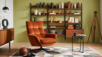 Modern Living Room Home Decor Orange Armchair Shelving Unit
