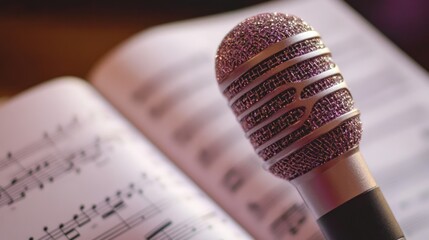 Microphone on sheet music closeup.