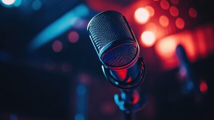 Microphone on stage with blurred background lights.
