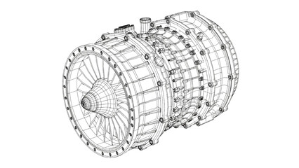 Gas Turbine Engine Wireframe Engineering Visualization Showing Full Core Assembly