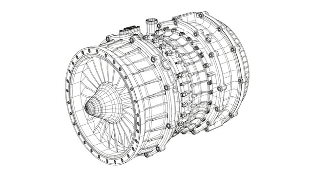 Gas Turbine Engine Wireframe Engineering Visualization Showing Full Core Assembly