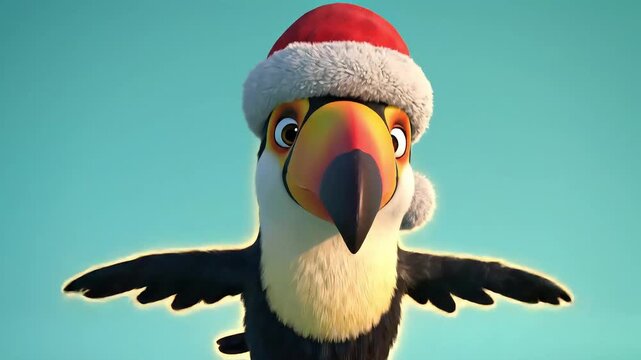 Cute animated cartoon toucan wearing a Santa hat with eyes closed and wings gently spread against a serene blue sky, ideal for festive holiday greetings, children's Christmas content, and cheerful 