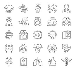 Medicine icons set. editable line icons, healthcare, medical equipment, outline style
