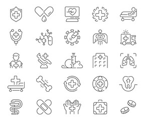 Fototapeta premium Medicine icons set. editable line icons, healthcare, medical equipment, outline style