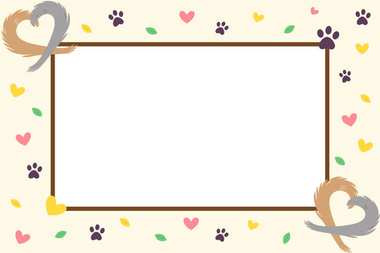 Romantic pet tails frame with copy space. Valentine's Day background featuring dog and cat tails forming heart shapes. Vector flat design border for animal lover greeting card.
