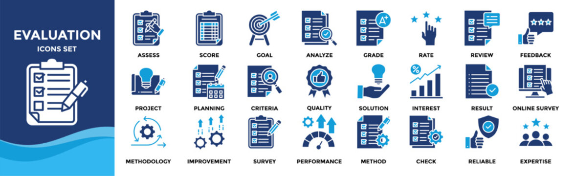 Evaluation icon set collection. an icon pack contain assess,review,score,rate,grade,project,analyze