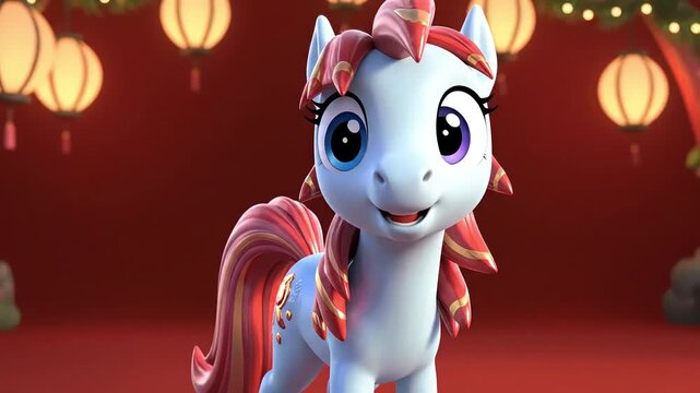 Adorable animated cartoon pony character with a joyful expression and decorative mane standing in a vibrant red setting with glowing traditional lanterns, ideal for children's entertainment video