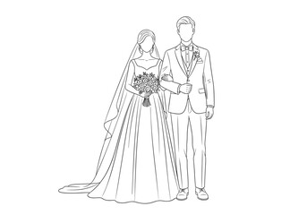 Fototapeta premium Beautiful outline drawing of a bride and groom walking arm-in-arm with a wedding bouquet.