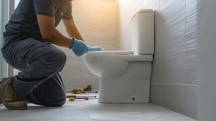 Plumber installing toilet fixture