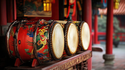 Ancient drums on a wooden platform. The drums are adorned with intricate designs. The vibrant red color of the drum.  AI Generative