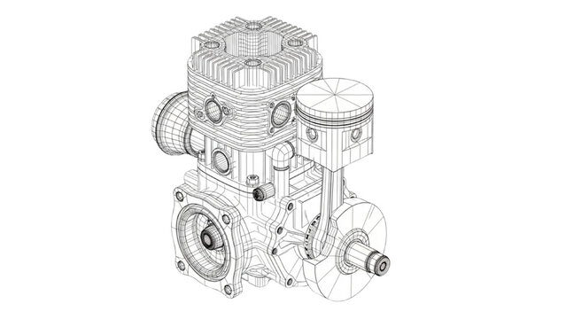 Two-stroke internal combustion engine wireframe view, mechanical piston engine CAD technical illustration