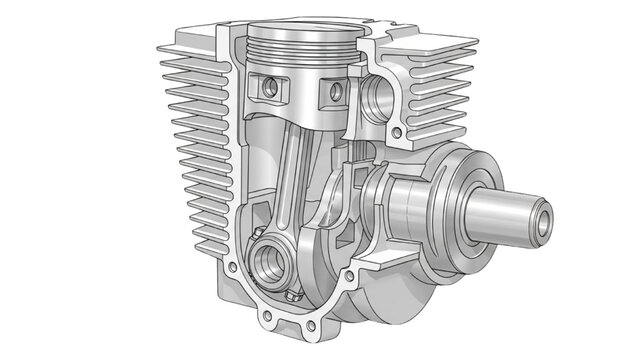 Two-stroke internal combustion engine cutaway close-up, piston and crankshaft technical illustration
