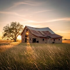 Fototapeta premium Rustic Barn at Sunset - A Tranquil Countryside Scene.