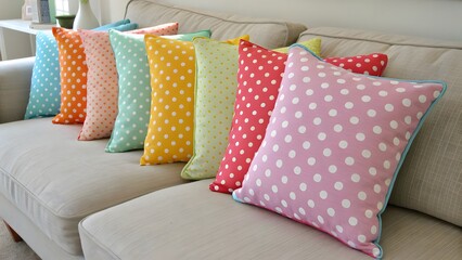 Colorful Polka Dot Pillows on Beige Sofa &ndash; Modern Interior Decor