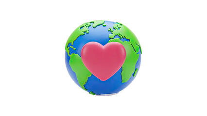 3D Planet Earth with a Heart Symbol on transparent background