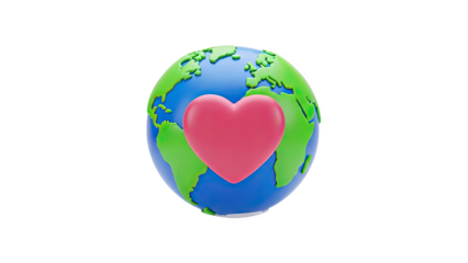 3D Planet Earth with a Heart Symbol on transparent background