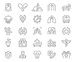 Fototapeta premium Medicine icons set. editable line icons in outline style, healthcare symbols