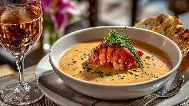 Creamy lobster bisque soup in a white bowl garnished with a whole lobster tail and chives with crusty bread and glass of rose wine on the side.