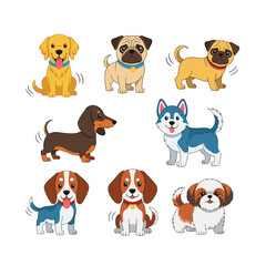 Obraz premium Set of Cute Cartoon Dog Breeds Vector Illustrations, Pet Animals Collection on White Background