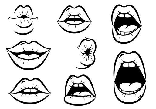 Collection of Dynamic Cartoon Mouth Expressions Vector Set, Open Mouths Line Art Illustration
