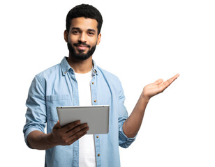 Young man with beard holding tablet and presenting gesture isolated on a transparent background.