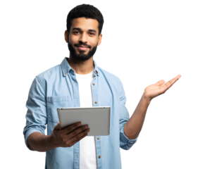 Young man with beard holding tablet and presenting gesture isolated on a transparent background.