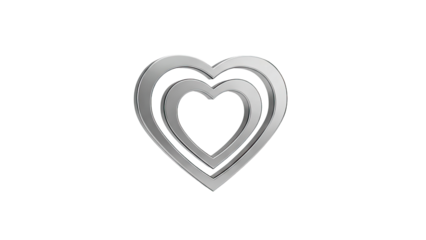 3D Silver layered heart shapes on a light gray background on transparent background