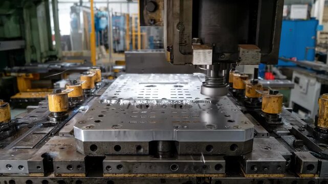 Medium shot capturing industrial vibration table casting machinery optimizing large mold compaction for durable metal parts in a factory setting.